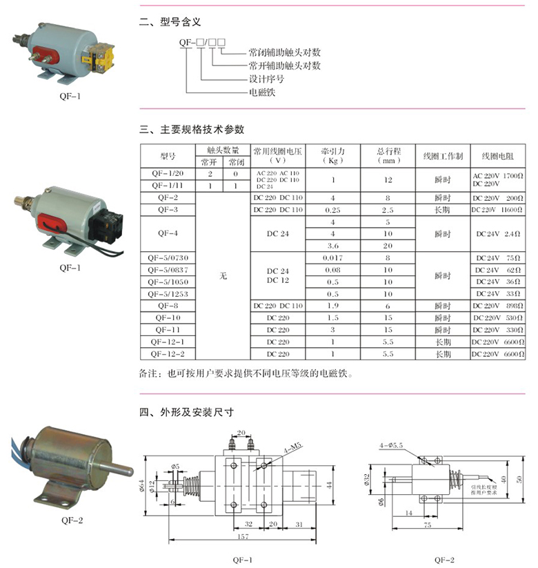 QF系列电磁铁技术参数