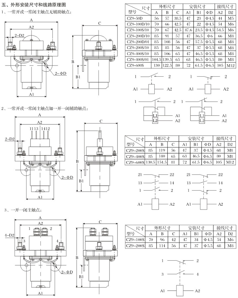 CZ9直流接触器外形安装尺寸和线路原理图