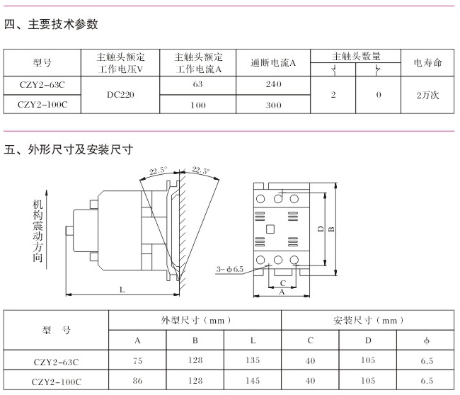 CZY2-63C、-100C系列直流接触器主要技术参数、外形尺寸及安装尺寸