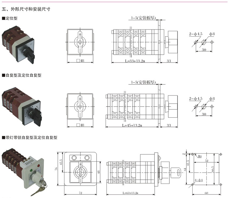 LW21万能转换开关外形尺寸和安装尺寸